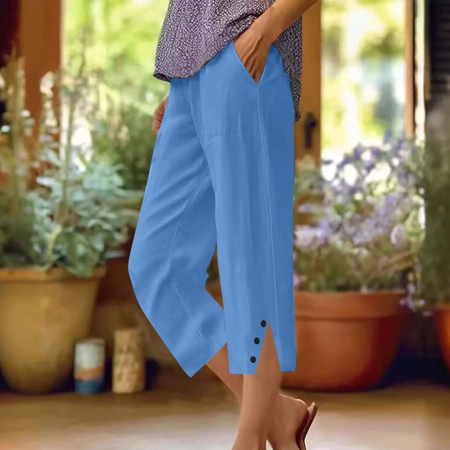 2025 Capri Pants for Women Casual Summer Drawstring Elastic High Waist Linen Pant Straight Leg Cropped Trouser