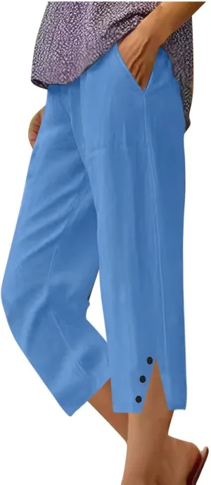 2025 Capri Pants for Women Casual Summer Drawstring Elastic High Waist Linen Pant Straight Leg Cropped Trouser