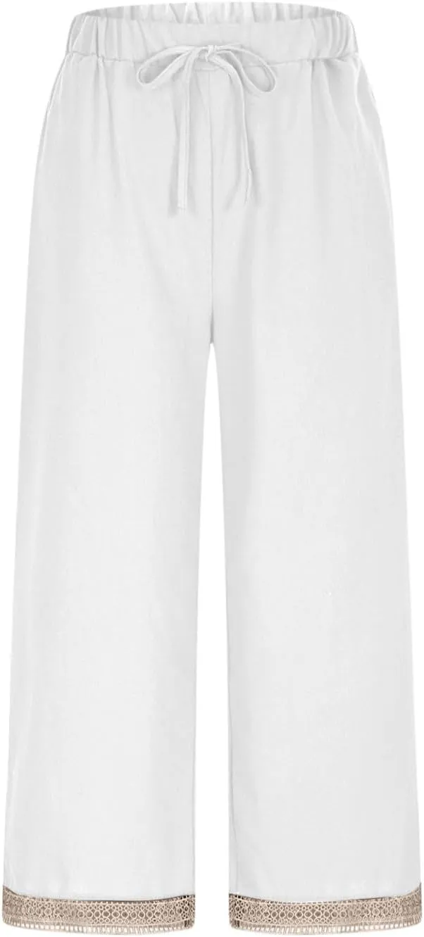 2025 Womens lace Capri Linen Pants, Casual Summer Drawstring Elastic High Waist Pant Straight Cropped Trouser