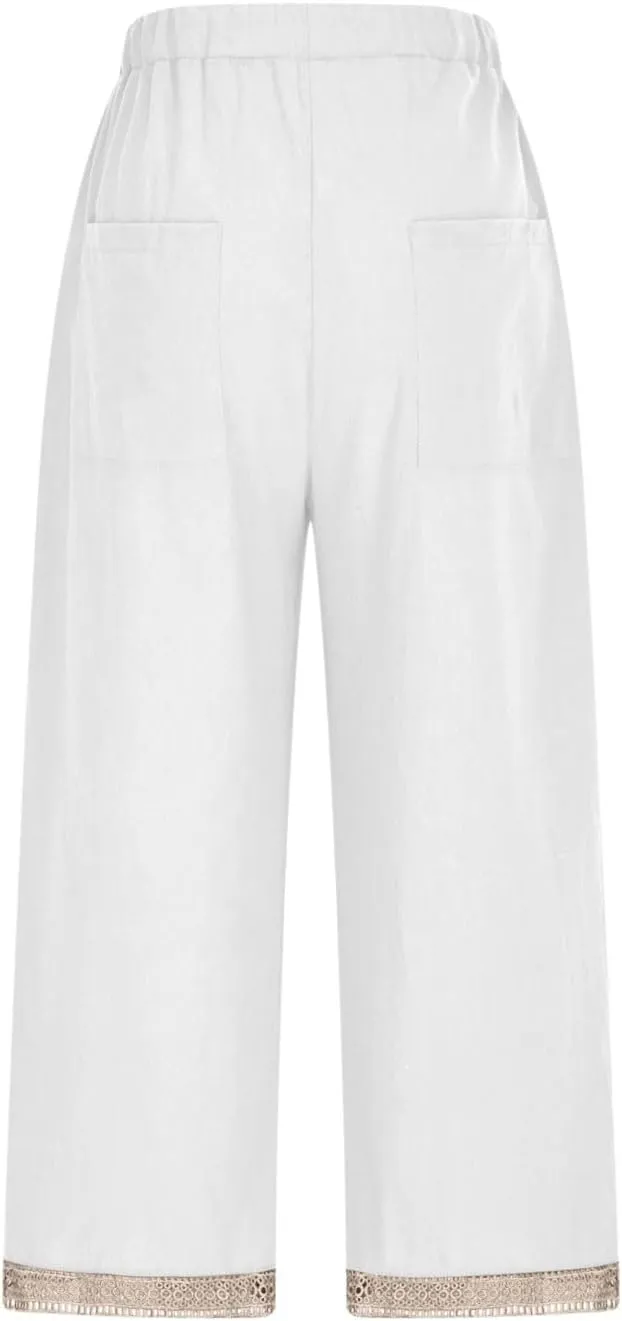 2025 Womens lace Capri Linen Pants, Casual Summer Drawstring Elastic High Waist Pant Straight Cropped Trouser