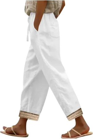 2025 Womens lace Capri Linen Pants, Casual Summer Drawstring Elastic High Waist Pant Straight Cropped Trouser