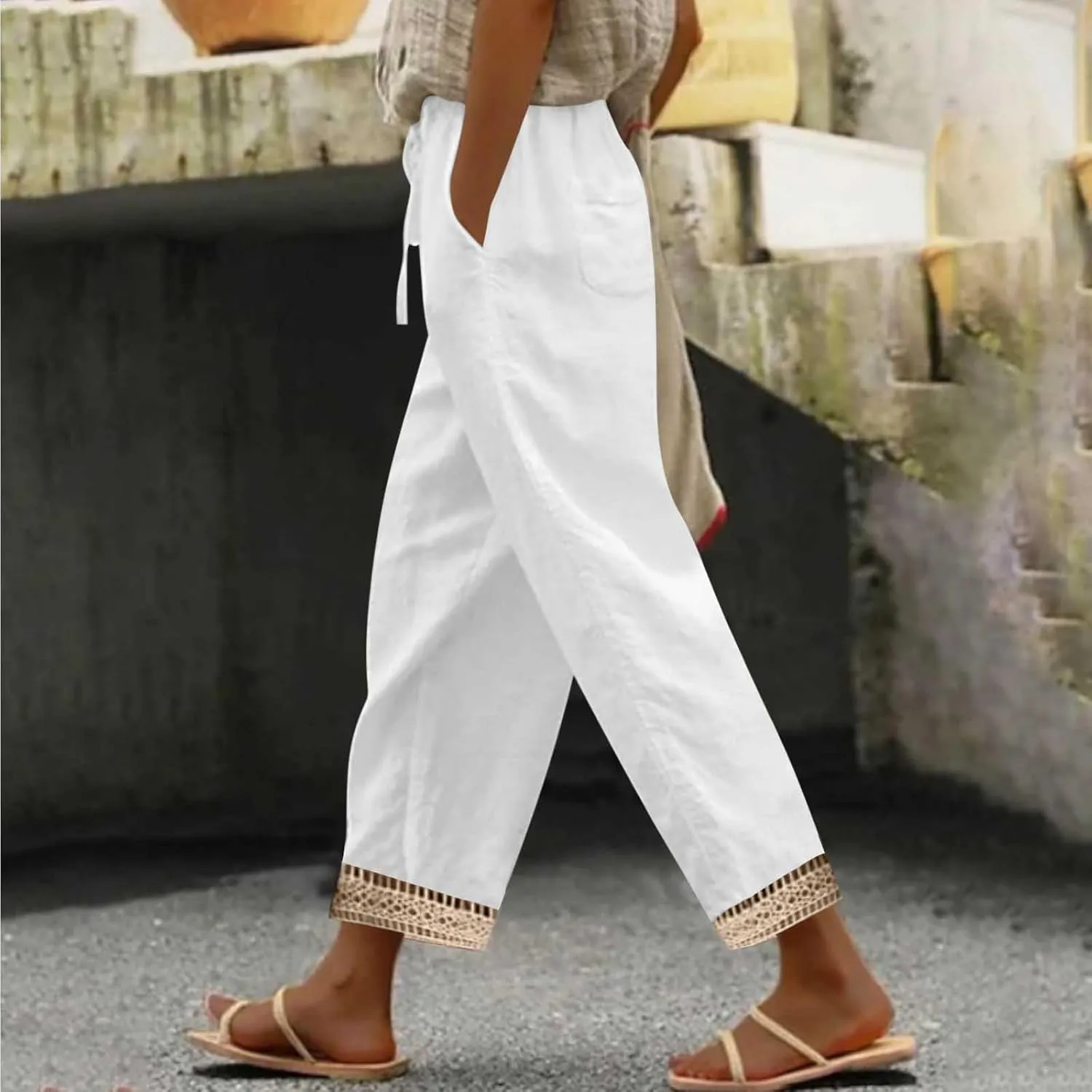 2025 Womens lace Capri Linen Pants, Casual Summer Drawstring Elastic High Waist Pant Straight Cropped Trouser