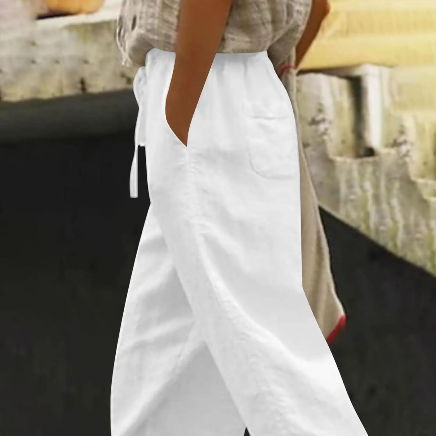 2025 Womens lace Capri Linen Pants, Casual Summer Drawstring Elastic High Waist Pant Straight Cropped Trouser