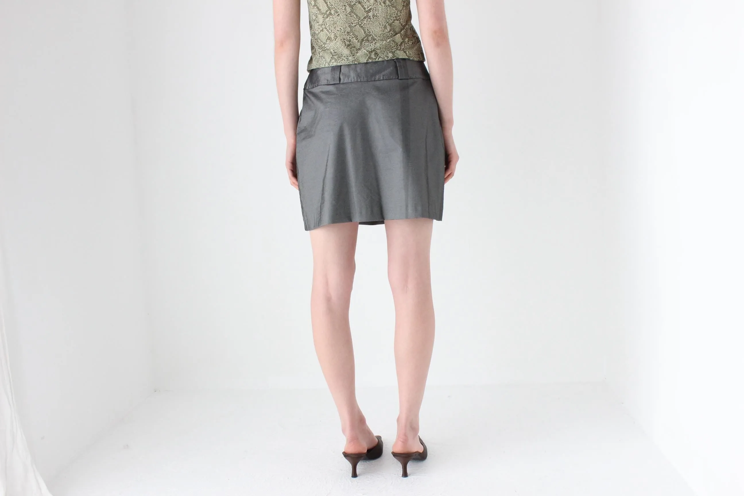 90s Metallic Pewter Futuristic A-Line Mini Skirt