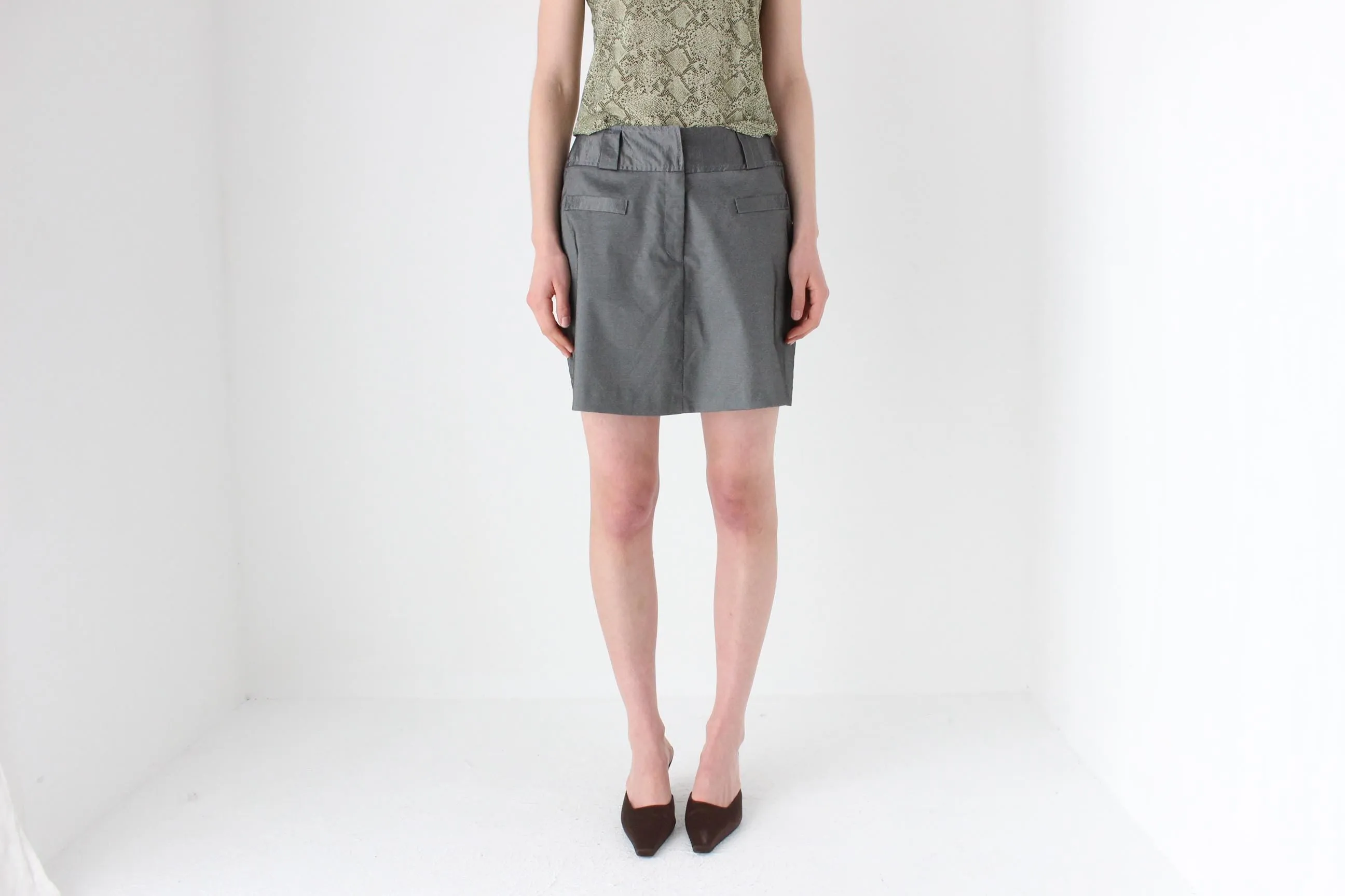 90s Metallic Pewter Futuristic A-Line Mini Skirt