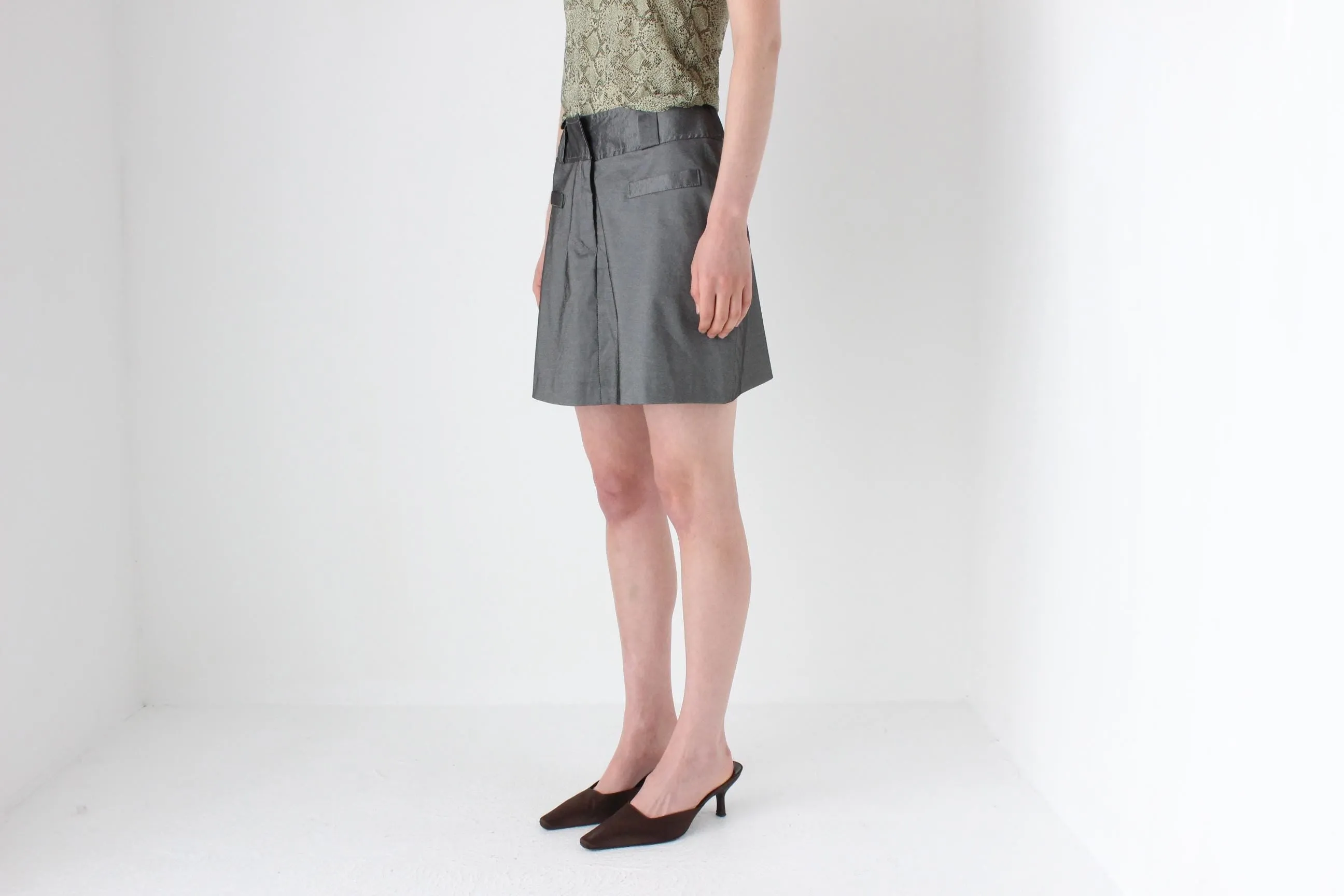 90s Metallic Pewter Futuristic A-Line Mini Skirt