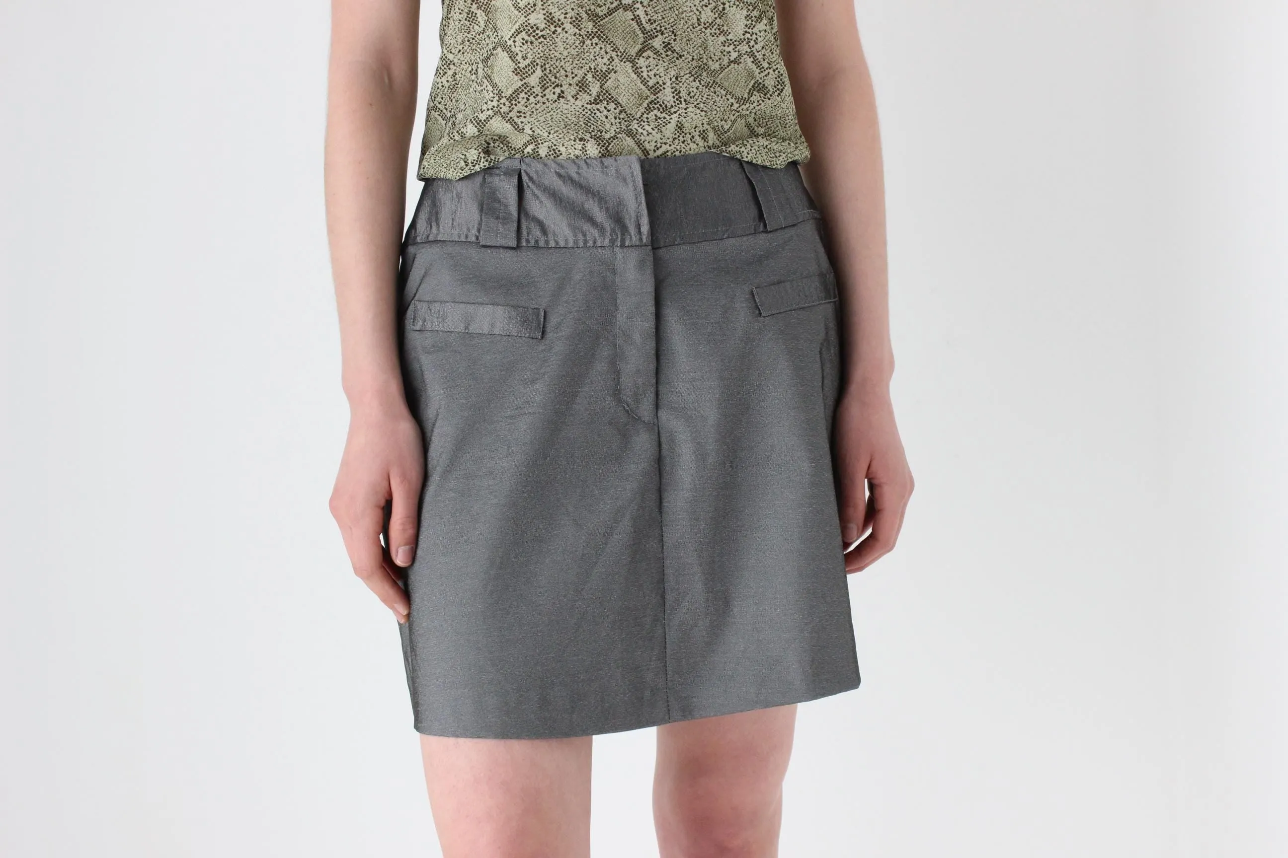 90s Metallic Pewter Futuristic A-Line Mini Skirt