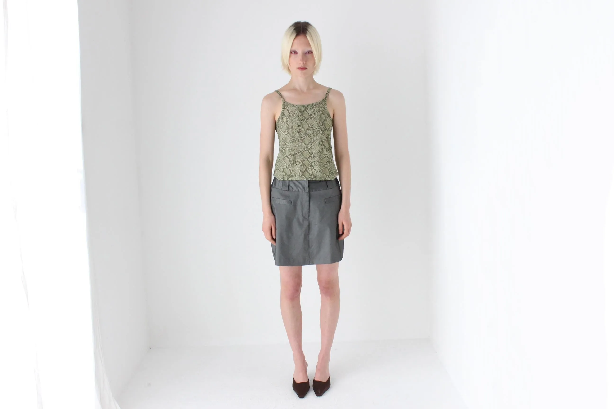 90s Metallic Pewter Futuristic A-Line Mini Skirt
