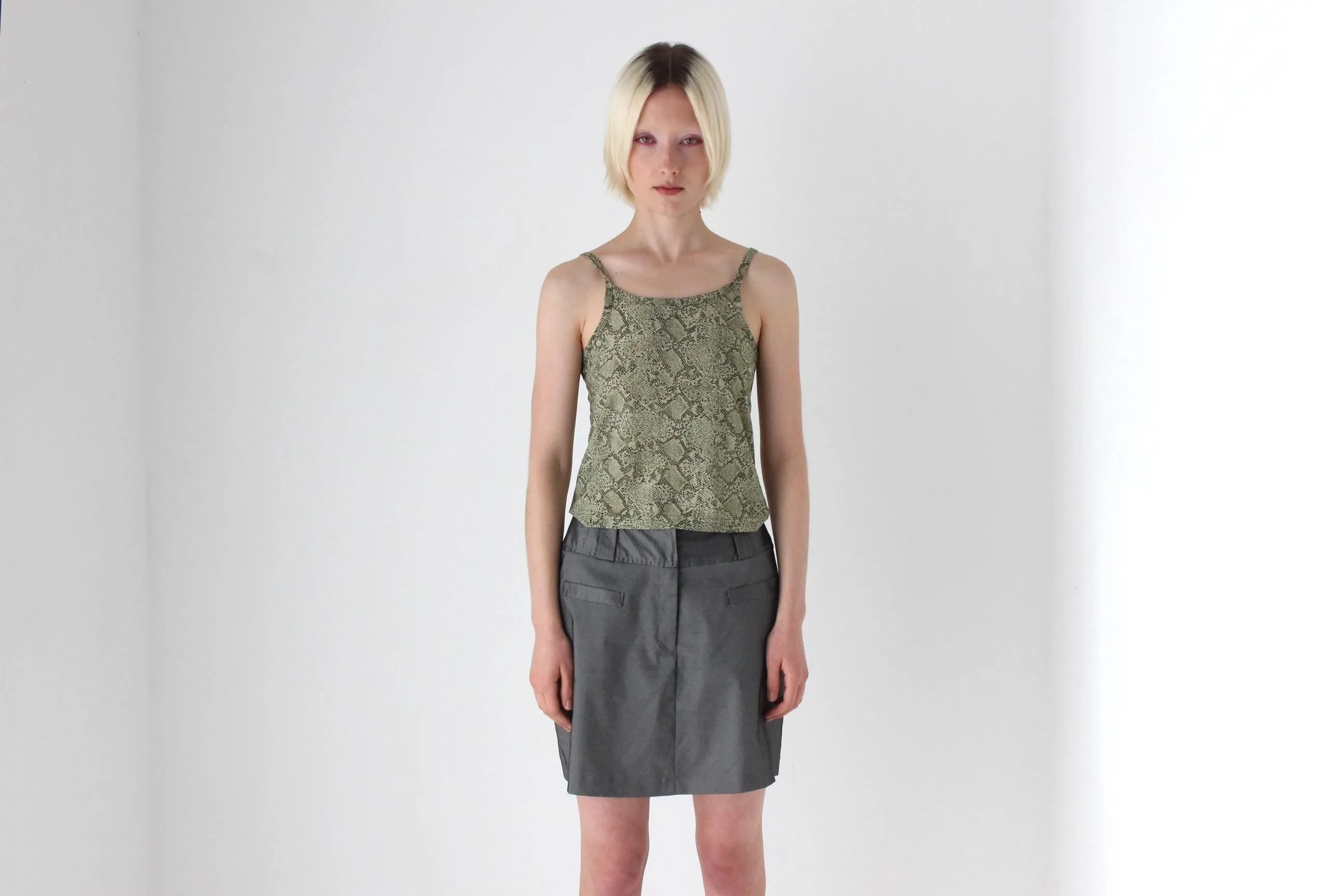 90s Metallic Pewter Futuristic A-Line Mini Skirt