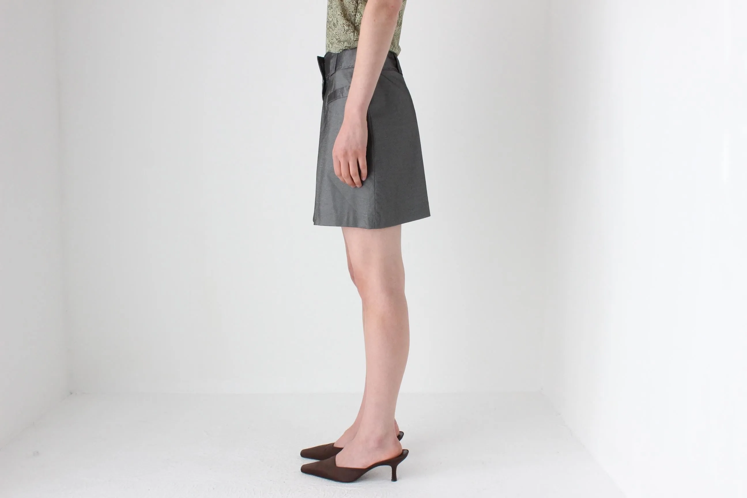 90s Metallic Pewter Futuristic A-Line Mini Skirt