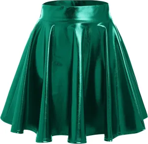 ABAFIP Women's Shiny Pleated Mini Skirt High Waisted Flared A-Line Short Rave Skater Skirts