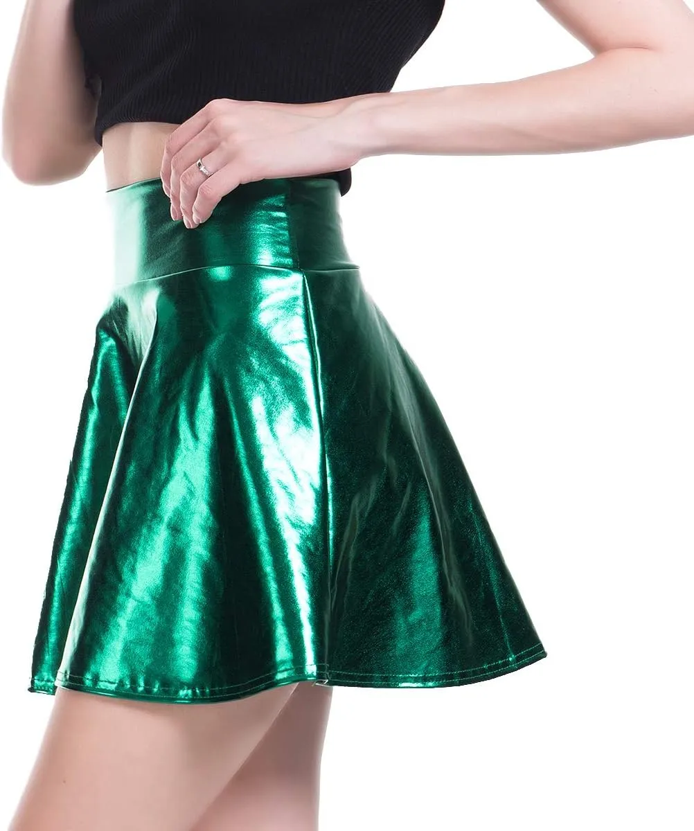 ABAFIP Women's Shiny Pleated Mini Skirt High Waisted Flared A-Line Short Rave Skater Skirts