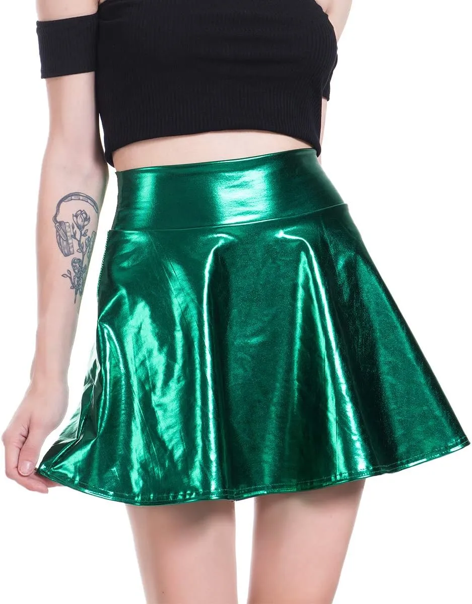 ABAFIP Women's Shiny Pleated Mini Skirt High Waisted Flared A-Line Short Rave Skater Skirts