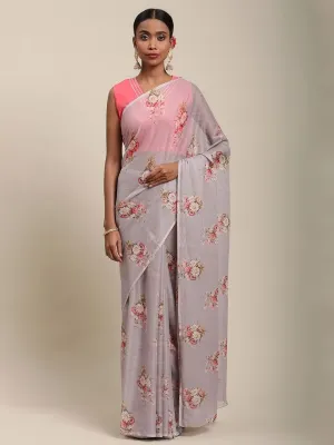 Ahalyaa Women's Grey Chiffon Floral Digital Print Saree