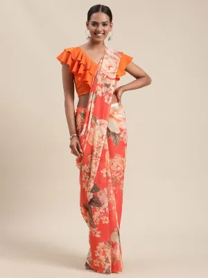 Ahalyaa Women's Orange Colour Chiffon Digital Print Floral Saree