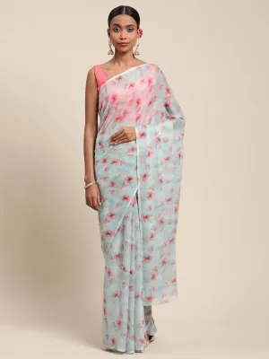Ahalyaa Women's Summer Blue Chiffon Digital Print Floral Saree