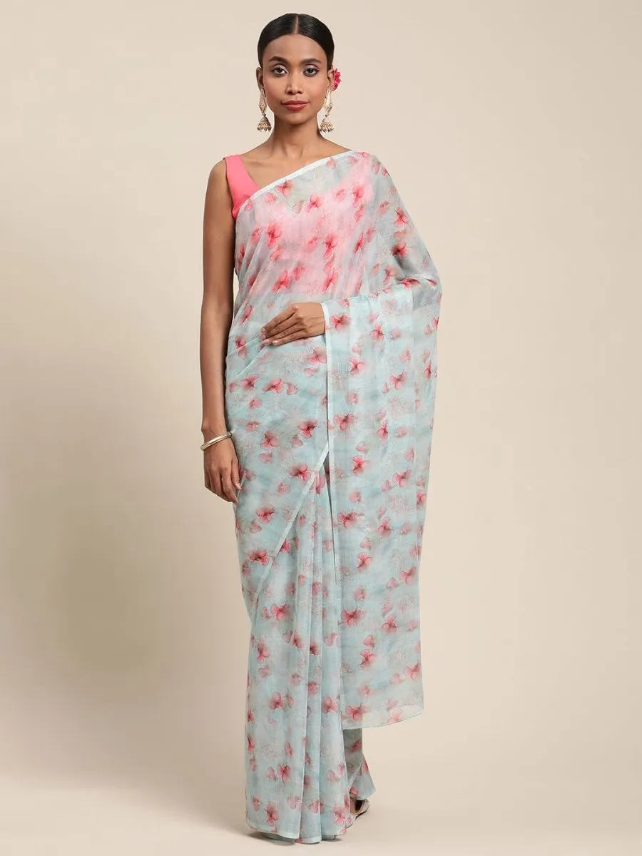 Ahalyaa Women's Summer Blue Chiffon Digital Print Floral Saree