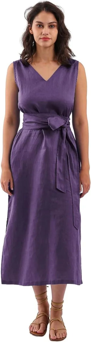 Amazhiyu Womens 100% Linen Summer Sleeveless V-Neck Midi Dresses with Pockets
