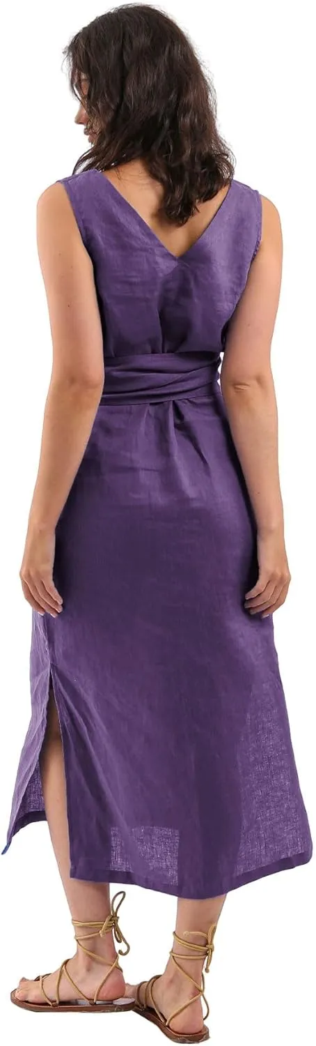 Amazhiyu Womens 100% Linen Summer Sleeveless V-Neck Midi Dresses with Pockets