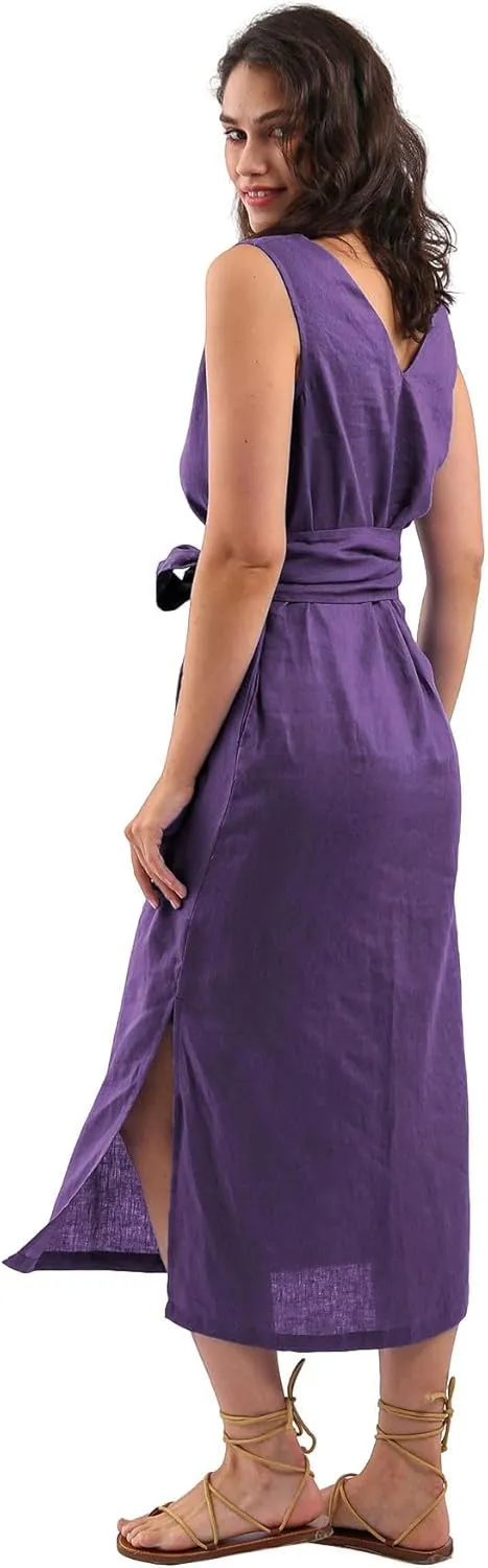 Amazhiyu Womens 100% Linen Summer Sleeveless V-Neck Midi Dresses with Pockets