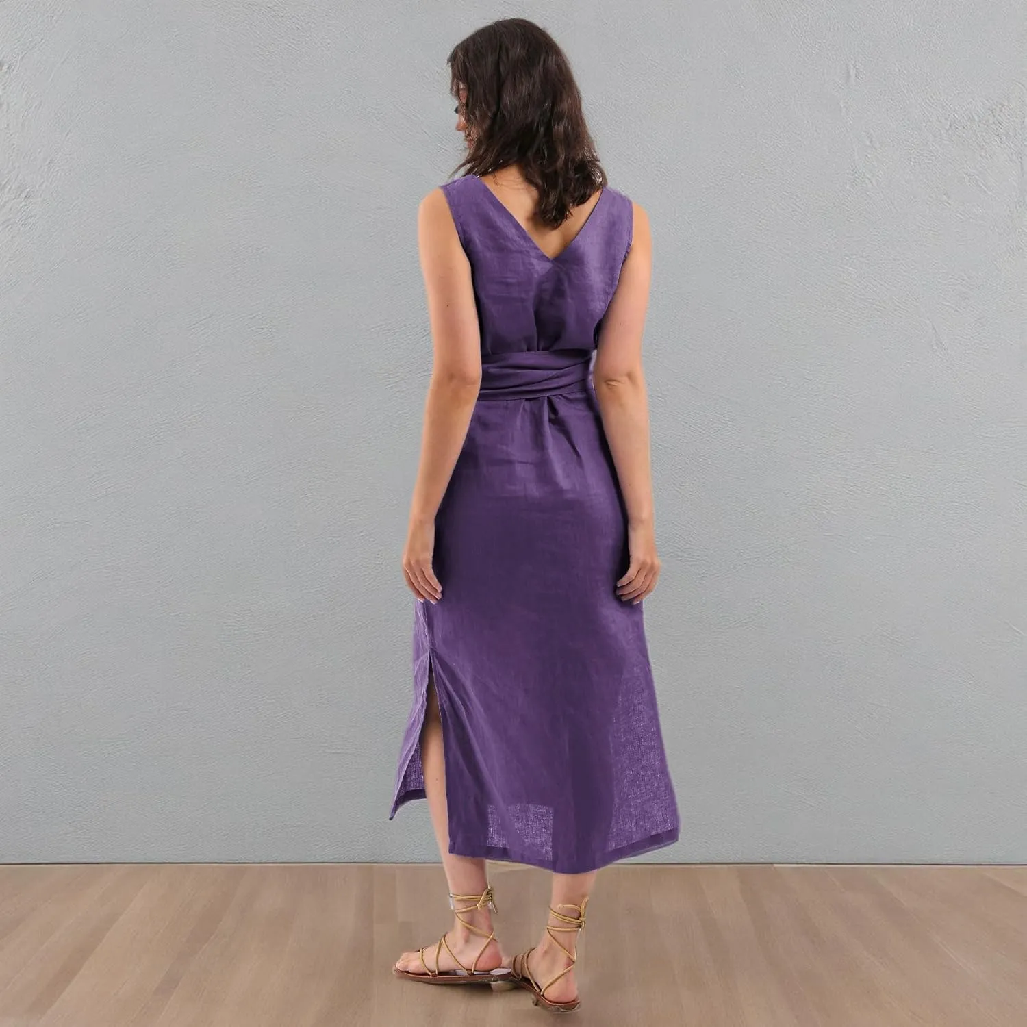 Amazhiyu Womens 100% Linen Summer Sleeveless V-Neck Midi Dresses with Pockets