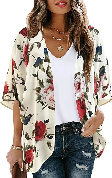 Beige Women's Floral Print Puff Sleeve Kimono Cardigan Loose Cover Up Casual Blouse Tops - Chicgal