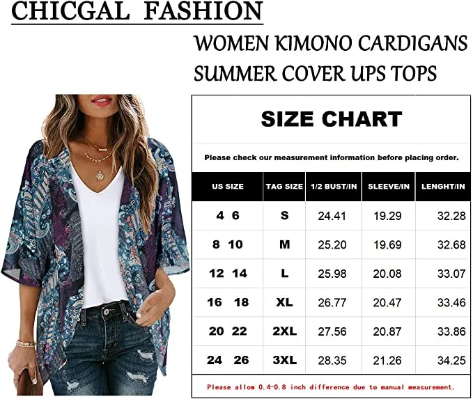 Beige Women's Floral Print Puff Sleeve Kimono Cardigan Loose Cover Up Casual Blouse Tops - Chicgal