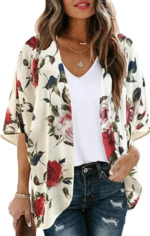 Beige Women's Floral Print Puff Sleeve Kimono Cardigan Loose Cover Up Casual Blouse Tops - Chicgal