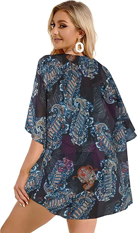 Beige Women's Floral Print Puff Sleeve Kimono Cardigan Loose Cover Up Casual Blouse Tops - Chicgal