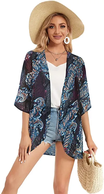 Beige Women's Floral Print Puff Sleeve Kimono Cardigan Loose Cover Up Casual Blouse Tops - Chicgal