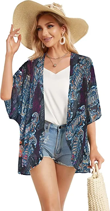 Beige Women's Floral Print Puff Sleeve Kimono Cardigan Loose Cover Up Casual Blouse Tops - Chicgal
