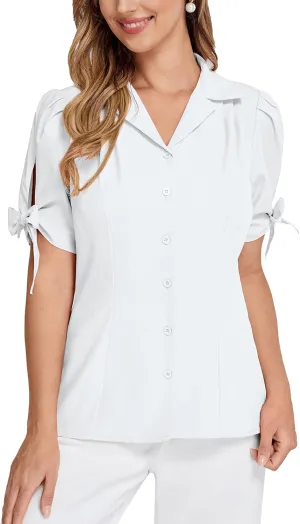 Bello Poque Women Vintage Blouse 1950s Retrt Button Up V Neck Short Bow Sleeves Blouse Shirts