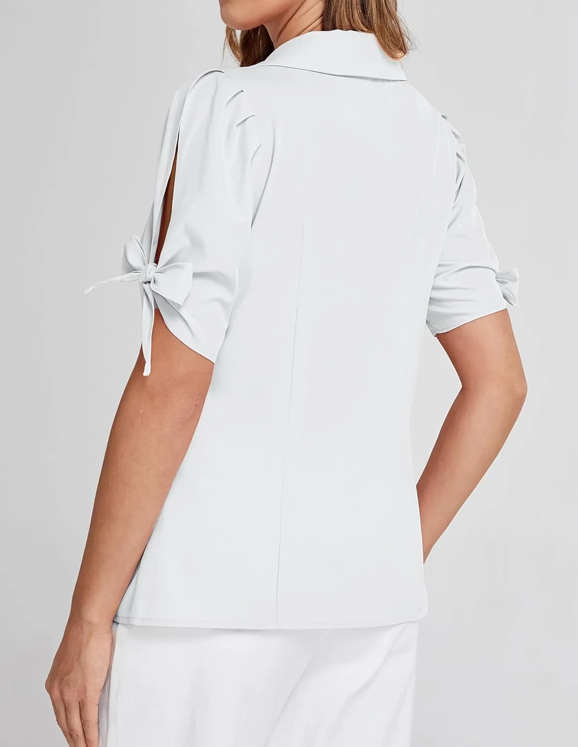 Bello Poque Women Vintage Blouse 1950s Retrt Button Up V Neck Short Bow Sleeves Blouse Shirts