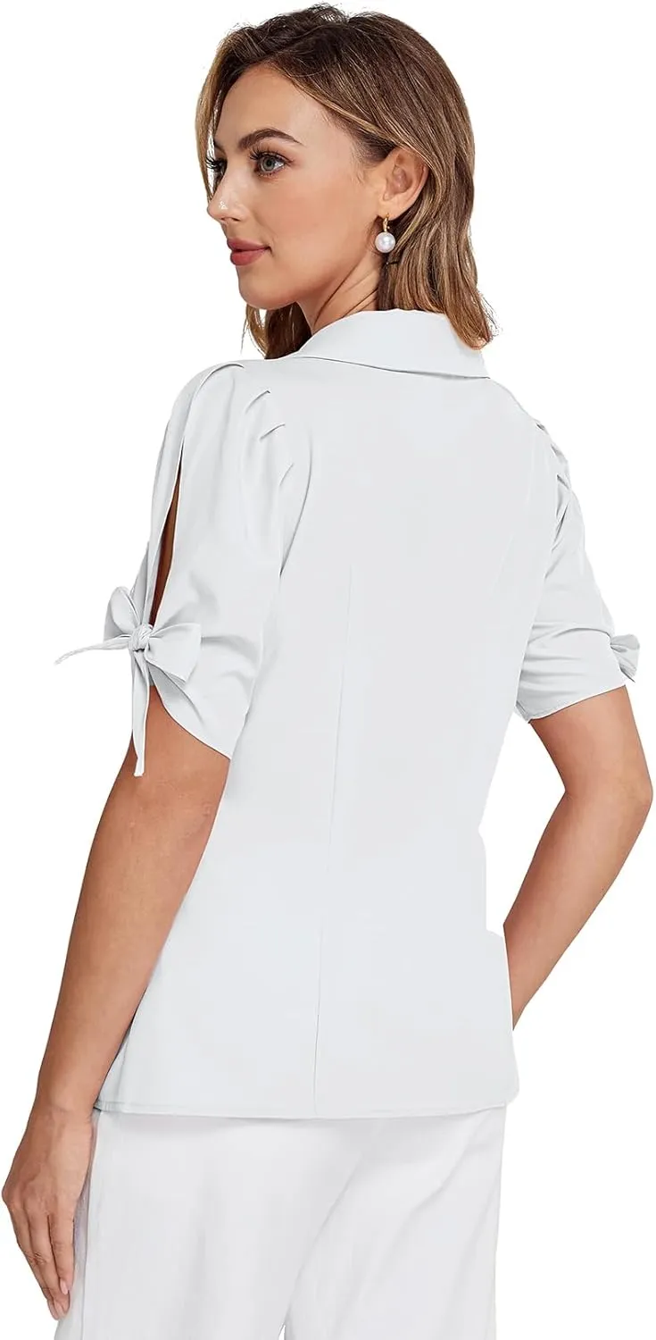 Bello Poque Women Vintage Blouse 1950s Retrt Button Up V Neck Short Bow Sleeves Blouse Shirts