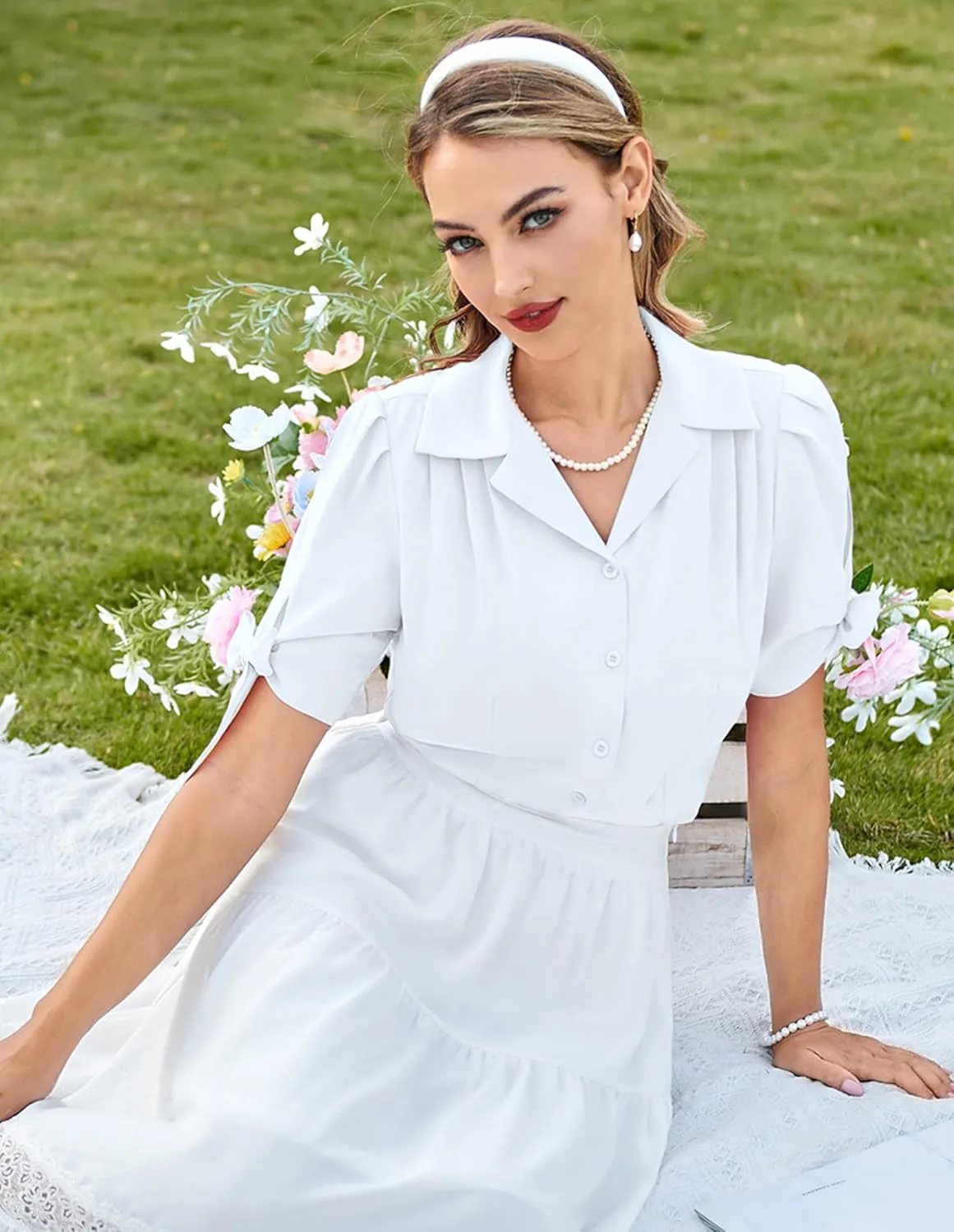 Bello Poque Women Vintage Blouse 1950s Retrt Button Up V Neck Short Bow Sleeves Blouse Shirts