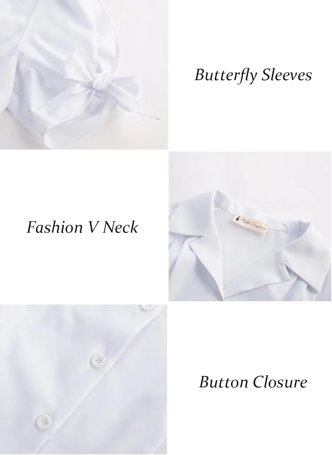 Bello Poque Women Vintage Blouse 1950s Retrt Button Up V Neck Short Bow Sleeves Blouse Shirts