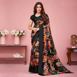 Black Floral Printed Chiffon Saree