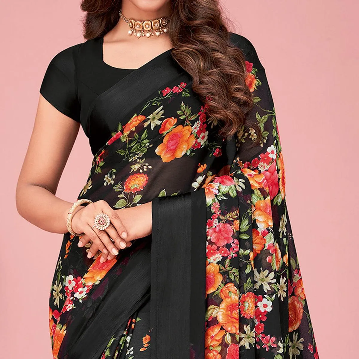 Black Floral Printed Chiffon Saree