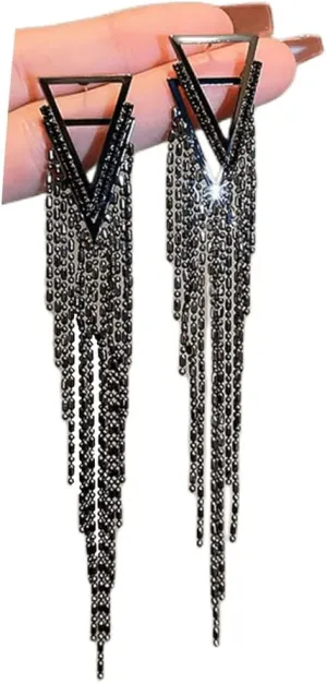 Black Rhinestone Long Tassel Earrings for women.Crystal Chandelier Fringe Drop Earrings Zircon Strand Earrings Fashion Jewelry Gifts for Female