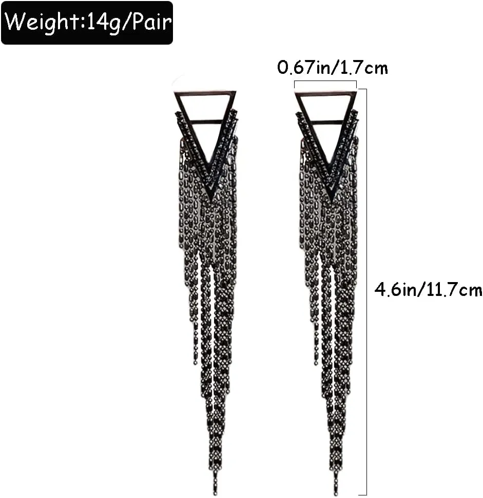 Black Rhinestone Long Tassel Earrings for women.Crystal Chandelier Fringe Drop Earrings Zircon Strand Earrings Fashion Jewelry Gifts for Female