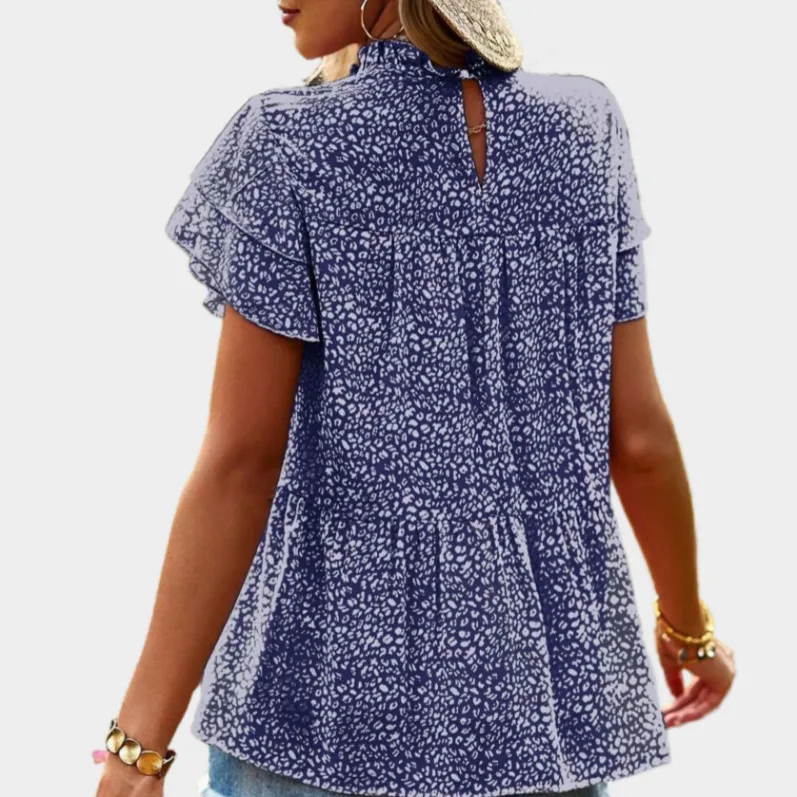 Blue Floral Blouse with Ruffle Sleeve