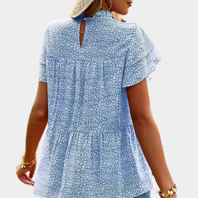 Blue Floral Blouse with Ruffle Sleeve