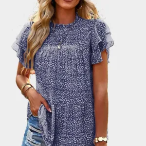 Blue Floral Blouse with Ruffle Sleeve