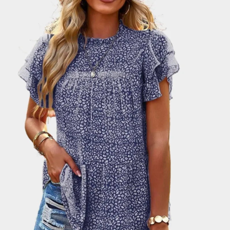 Blue Floral Blouse with Ruffle Sleeve