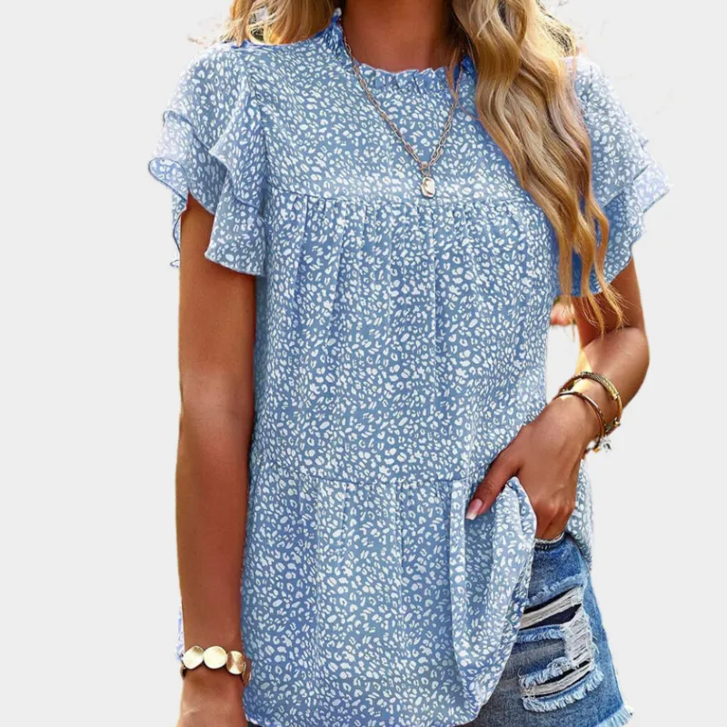 Blue Floral Blouse with Ruffle Sleeve