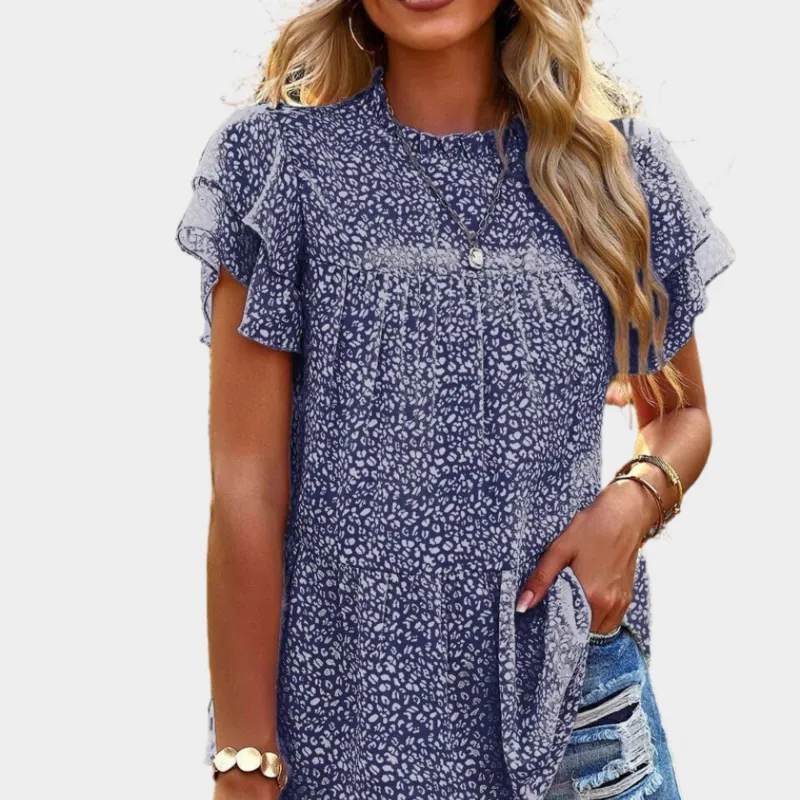 Blue Floral Blouse with Ruffle Sleeve