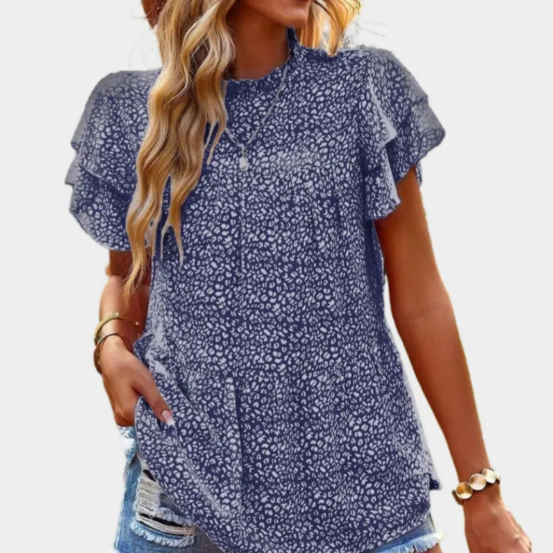 Blue Floral Blouse with Ruffle Sleeve