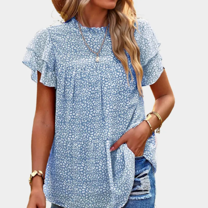 Blue Floral Blouse with Ruffle Sleeve