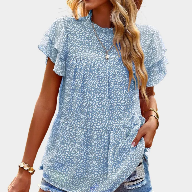 Blue Floral Blouse with Ruffle Sleeve
