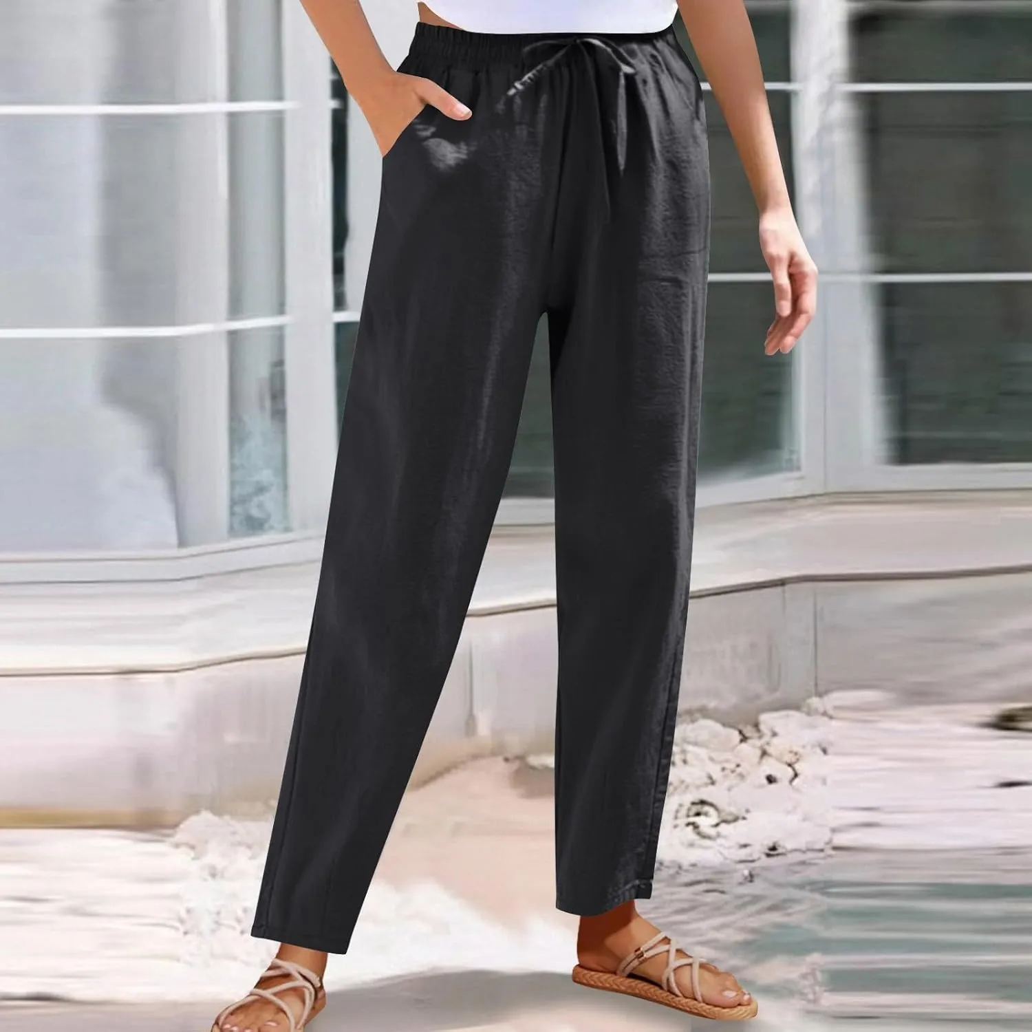 Borniu Women's Tapered Pants Cotton Linen Drawstring Back Elastic Waist Ankle Length Pant Loose Casual Straight Trousers